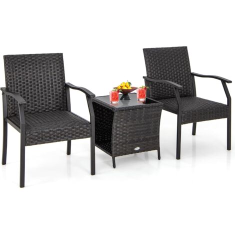 COSTWAY 3-teiliges Gartenmöbel Set, Rattan Balkonset mit 2 Stühlen und Tisch, Balkonmöbel mit gepolstertem Sitz, Rattanmöbel für kleinen Balkon, Terrassenmöbel, Sitzgruppe für Garten, Veranda