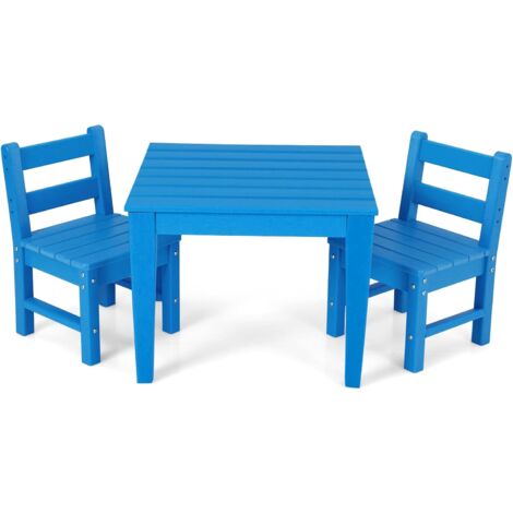 COSTWAY 3-teiliges Tisch- & Stuhlset, Spieltisch-Set für Kleinkinder aus Holz, mit 2 Stühlen mit Rückenlehnen zum Malen & Lesen, Kindermoebelset für Indoor & Outdoor (Blau, Tisch + 2 Stühle)