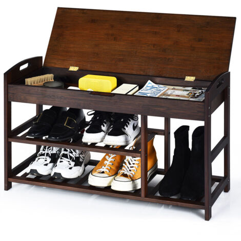 main image of "COSTWAY 3-Tier Bamboo Shoe Storage Bench Shoe Organizer Entryway Rack Stand Display"
