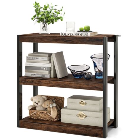 COSTWAY 3 Tier Bookshelf Wooden Bookcase with Dual Anti-Tipping Kits Brown