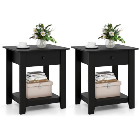 COSTWAY 3-Tier Modern Bedside Table Nightstand with Drawer Set of 2-Black