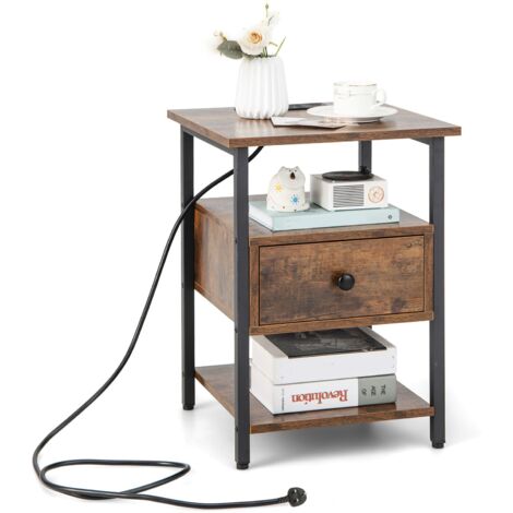 COSTWAY 3-Tier Nightstand Bedside Sofa Side Tables  w/ Charging Station