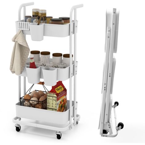 COSTWAY 3-Tier Rolling Cart Folding Storage Cart w/3 Hanging Cups&6 Hooks-White