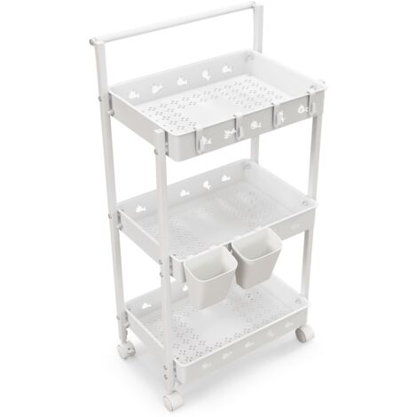 COSTWAY 3-Tier Rolling Storage Cart Utility Cart with 2 Hanging Cups & 4 Hooks
