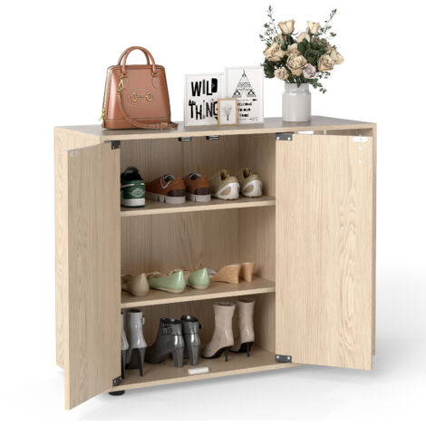 COSTWAY 3-Tier Shoe Storage Rack Shoe Cabinet with Doors-Natural