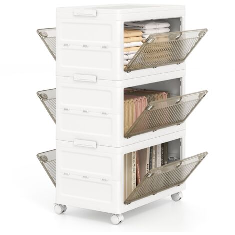 COSTWAY 3-Tier Stackable Storage Bins Bedroom Collapsible Storage Boxes-White