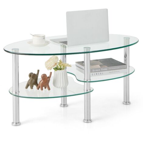 COSTWAY 3-Tire Modern Oval Tea Table Smooth Glass Coffee Table Sofa End Side Table