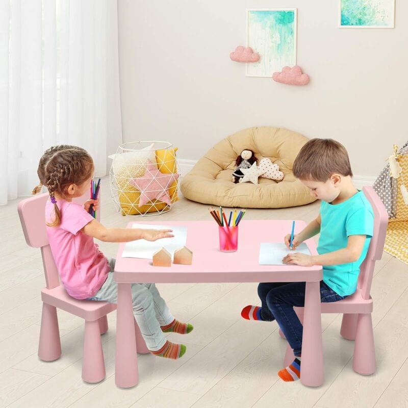 Costway - Ensemble Table et Chaises pour Enfants de 1 à 7 Ans, 1 Table de Jeux et 2 Chaises Idéal pour Manger, Dessiner, Écrire, Lot de Meubles pour