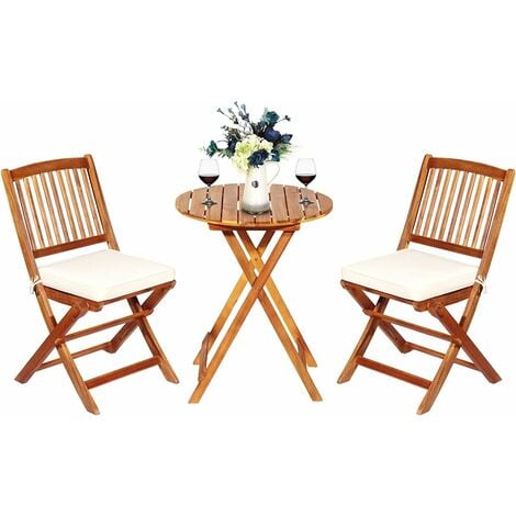 COSTWAY 3-TLG. Klappbares Balkonset mit rundem Tisch & 2 Stühlen, mit Kissen, aus Akazienholz, Gartenmöbel-Set, Garten Sitzgruppe für In & Outdoor