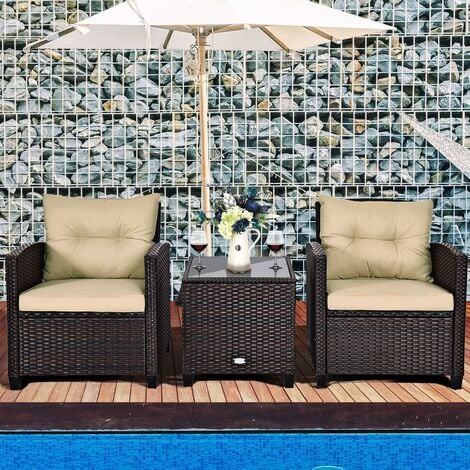 COSTWAY 3-TLG. Polyrattan Lounge Set, Gartenmoebel Rattan Sitzgruppe mit Sitzkissen & Couchtisch, Rattantisch und Stühle, Gartenset Balkon Moebel-Set für In-&Outdoor, schwarz