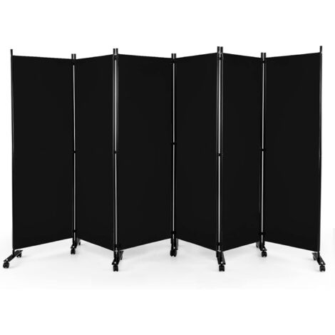 COSTWAY 334,5 x 172 cm Raumteiler auf Rollen, Paravent 6-teilig, Trennwand faltbar, aus Stoff, Sichtschutz für mehr Privatsphäre und Flexibilität (Schwarz)