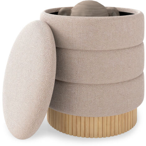 COSTWAY 35L Modern Round Storage Ottoman Chenille Foot Stool Beige