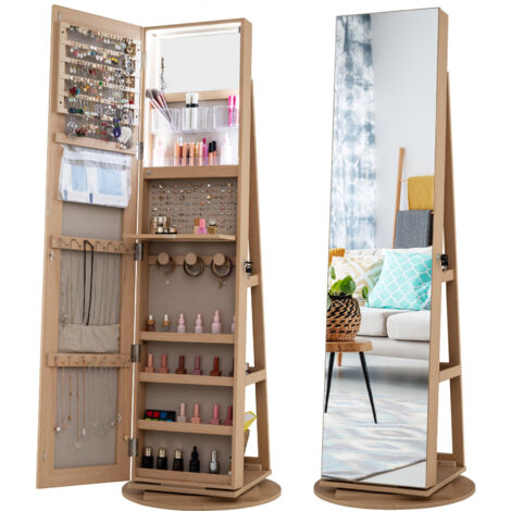 COSTWAY 360¡ãRotating Jewelry Armoire Standing Jewelry & Makeup Cabinet-Natural