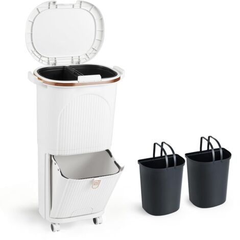 COSTWAY 38 L Pattumiera Differenziata, 3 Scomparti con Coperchi,Pedale e Ruote,Bianco