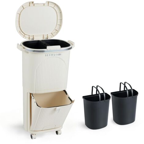 COSTWAY 38L Pattumiera da Cucina con Coperchio, Bidone Doppio Strato per Raccolta Differenziata con 2 Secchi Rimovibili, Pedale a Passo e Ruote, Bidone per Spazzatura per Soggiorno Cucina (2 piani)