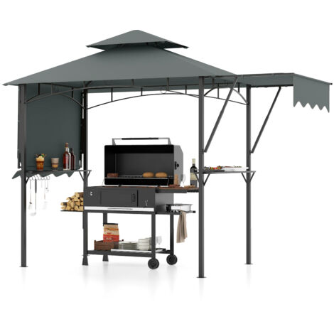 COSTWAY 398 x 153 cm Grill Gazebo with Dual Side Awnings-Grey