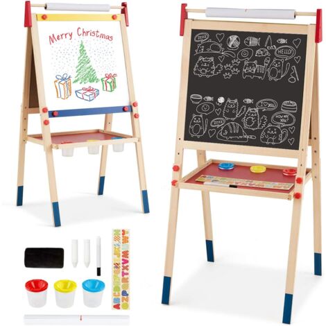 COSTWAY 3en1 Chevalet de Peintre pour Enfants avec Rouleau de Papier Tableau Magnétique Blanc & Noir en Bois de Pin Hauteur Réglable