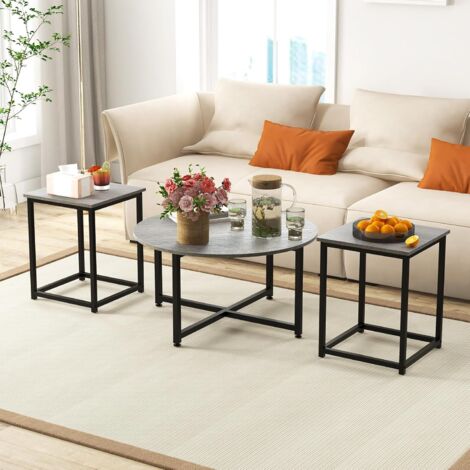 COSTWAY 3er Set Couchtisch, Beistelltisch Metallrahmen, 1 runder Kaffeetisch & 2 quadratische Tische, moderner Wohnzimmertisch Kaffeetisch, Satztisch für Wohnzimmer Schlafzimmer Grau
