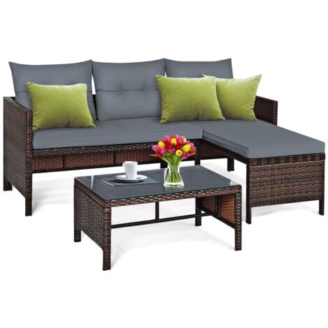 COSTWAY 3PCS Patio Sectional Sofa Set Outdoor Conversation Bistro Set w/Cushion