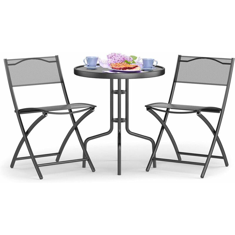 Costway - 3tlg. Bistroset Bistrotisch mit 2 klappbarer Stühle Balkonset Gartenset Sitzgarnitur Gartengarnitur Gartenmoebel Sitzgruppe Gartentisch