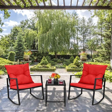 COSTWAY 3-teiliges Gartenmoebel-Set, Balkonmoebel, Tisch und 2 Schaukelstühle, Sitzgruppe Terrassenmoebel mit Kissen für Garten, Hinterhof, Balkon