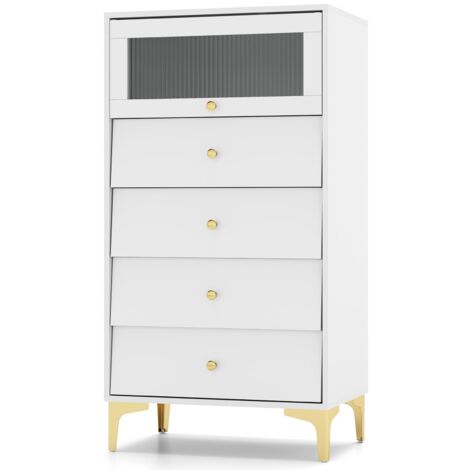 COSTWAY 4 Drawer Dresser Modern Storage Cabinet w/ Flip Up Fluted Glass Door