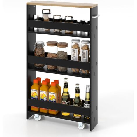 COSTWAY 4 Ebenen Nischenregal auf Rollen, Küchenwagen schmal, Badregal mit seitlichem Griff, aus Holz, 48 x 13 x 81 cm (Schwarz + Natur)