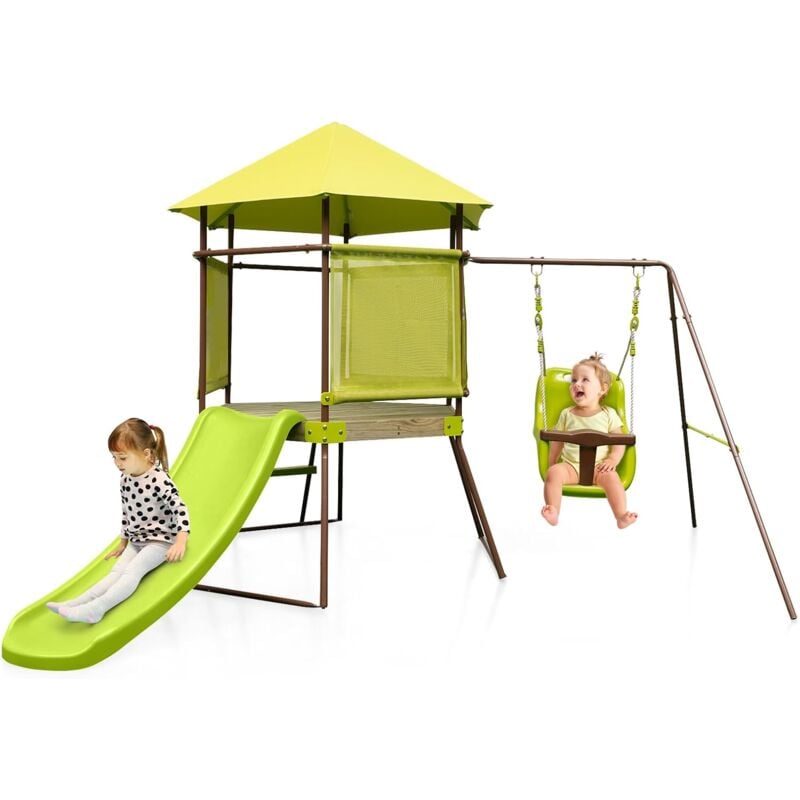 4 en 1 Aire de Jeux Portique en Bois avec Toboggan & Siège Bébé Réglable, Tour d'escalade Enfants avec Cabane Couverte & Échelle, Cadre en Métal pour