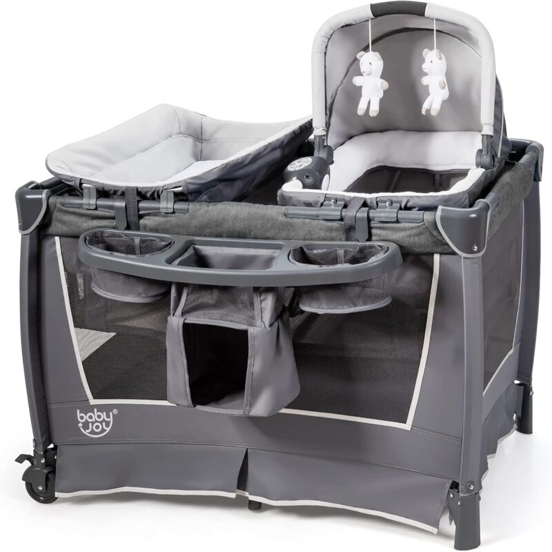 

4 en 1 Cuna de Viaje para Niños Centro Aactividad Plegable para Niños con Cuna y Cambiador Cuna de 2 Niveles con Ruedas (Gris) - Costway