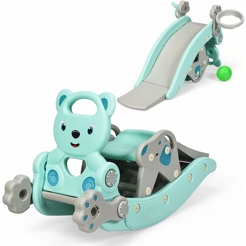 

4 en 1 Juguetes Convertibles con Taburete Extraíble, Balancín, Tobogán, Aro de Baloncesto y Juego de Lanzamiento para Niños +3 Años (Azul) - Costway