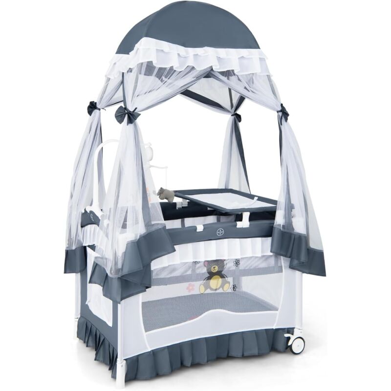 COSTWAY 4 en 1 Lit Parapluie Bébé avec Matelas et Filet Détachable, Lit Bébé Evolutif avec Table à Langer, Style Princesse, Boîte à Musique et Jouets