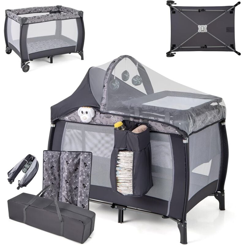 Costway - 4 en 1 Lit Parapluie Bébé avec Matelas & Moustiquaire, Lit Bébé Évolutif avec Table à Langer, 3 Jouets Mignons & Boîte à Musique, Sac de
