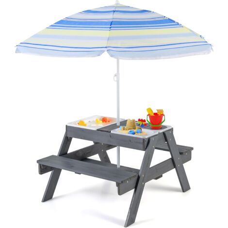COSTWAY 4 en 1 Mesa Picnic Infantil, Mesa Picnic Madera con 3 Contenedores y Tapas Extraíbles, Sombrilla Plegable Y Ajustable, Set Infantil de Mesa y Bancos Interior Exterior, Gris