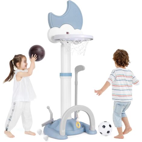 COSTWAY 4 en 1 Panier de Basket Enfant en Forme Lune avec Hauteur Réglable, Aire de Jeu Sportive avec Football, Golf et Jeu de Anneaux, Tableau d’Affichage pour Enfant de 3 Ans+ (Bleu)