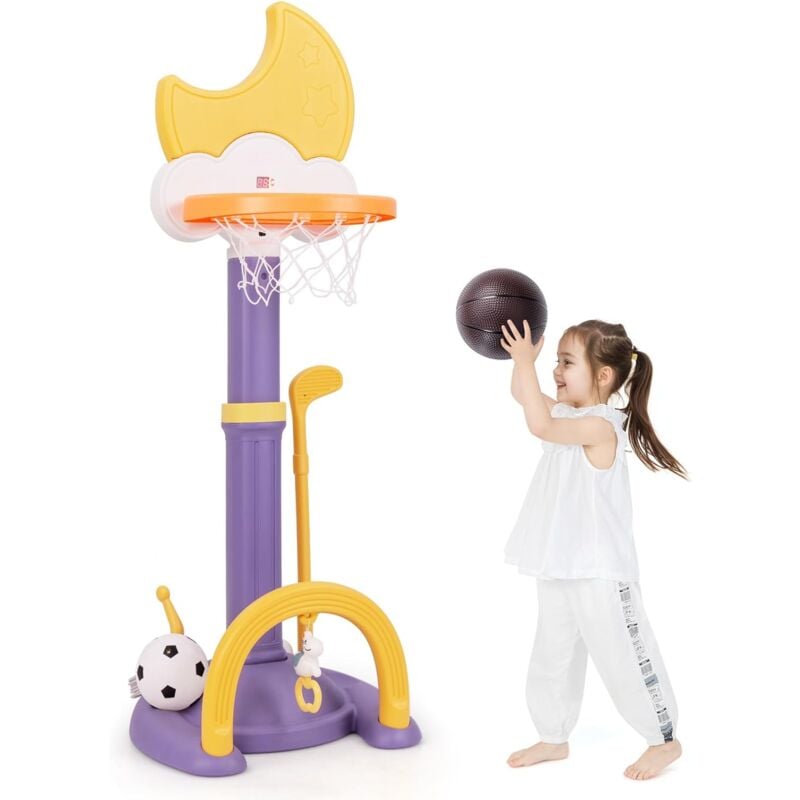 4 en 1 Panier de Basket Enfant en Forme Lune avec Hauteur Réglable, Aire de Jeu Sportive avec Football, Golf et Jeu de Anneaux, Tableau d'Affichage