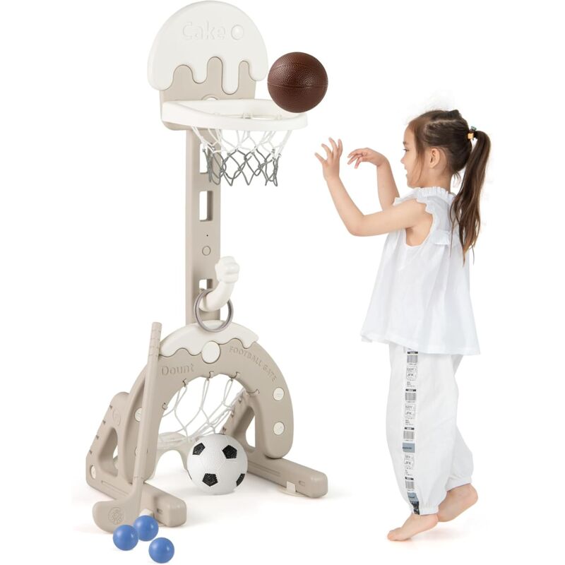 4 en 1 Panier de Basketball pour Enfant 3-10 Ans en Forme Glace avec Hauteur Réglable(50-100cm), Centre d'Activités Sportive avec Football, Golf et