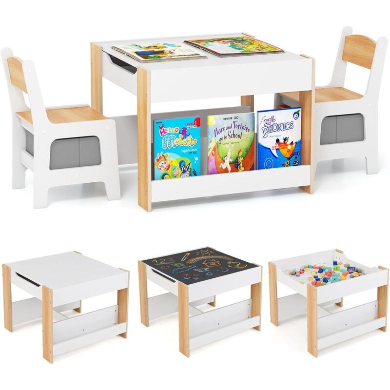 COSTWAY 4 en 1 Table Enfant avec 2 Chaises & Plateau Double Face & Tableau Noir, Table et Chaises en Bois avec 2 Bacs en Tissu & Étagères à Livres,