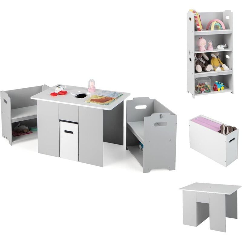 COSTWAY 4 en 1 Table Enfants avec 2 Chaises, Table d'activités avec Banc de Rangement & Couvercle Amovible, Coins Arrondis et Boucle de Sécurité,