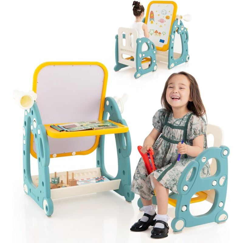 4 en 1 Table Enfants avec Chaise & 3 Hauteurs Réglable, Chevalet Enfants avec 14 Accessoires & Panier Inférieur, Télescope et Jeu d'Anneaux pour