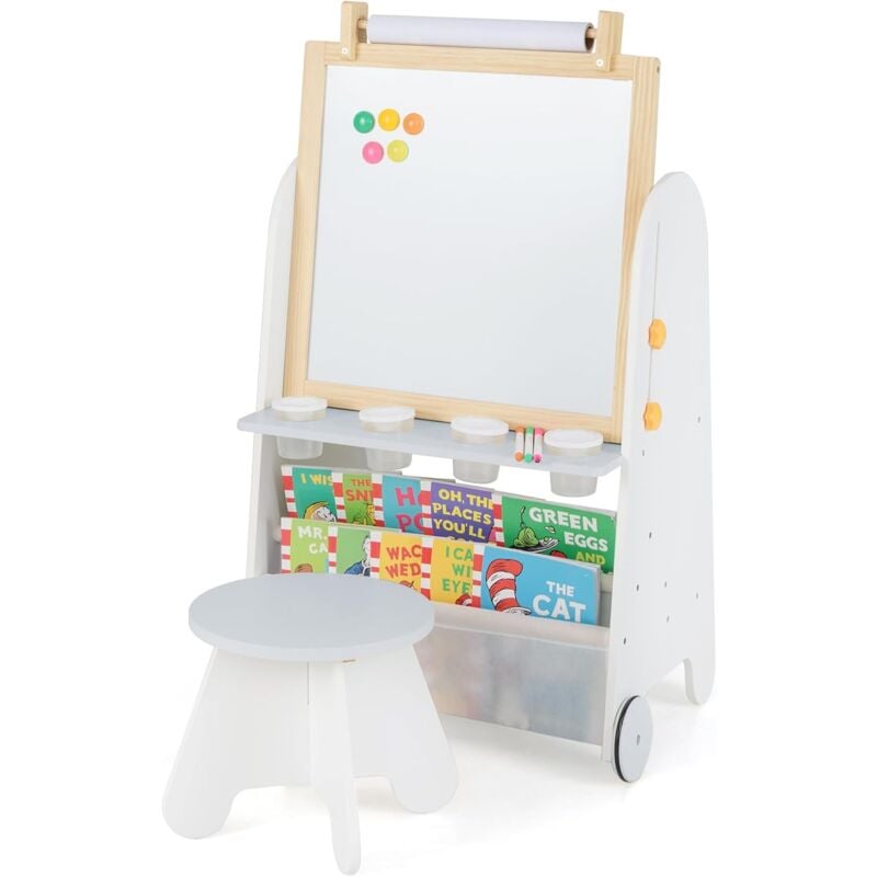 4 en 1 Tableau Enfant en Bois avec Tableau Noir & Tableau Magnétique Réglable, Chevalet d'Art Enfant avec Étagère à Livres & Rouleau de Papier, Table