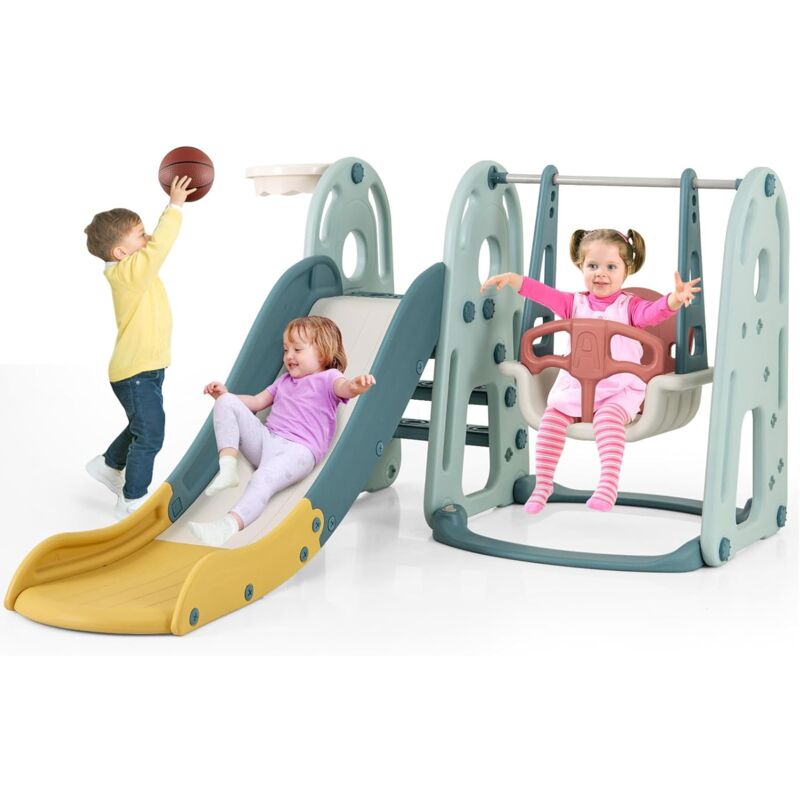 4 en 1 Toboggan Enfant avec Balançoire Réglable & Panier de Basketball, Aire de Jeux d'Intérieur avec Échelle d'Escalade & Ballon & Pompe, Charge