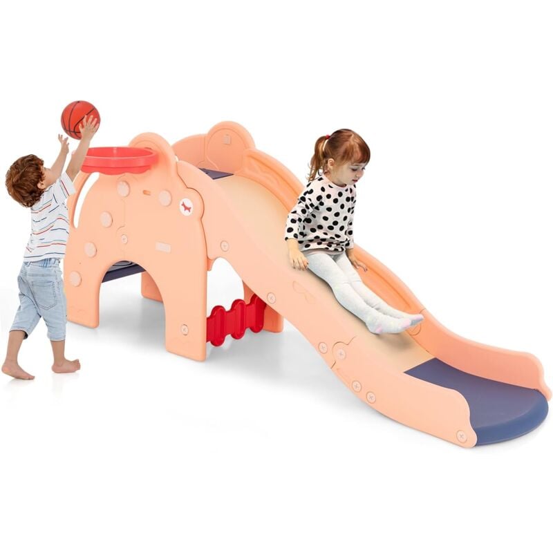 Costway - 4 en 1 Toboggan Enfant en Forme Éléphant avec Panier de Basketball, Toboggan Extérieur Intérieur en hdpe avec Ballon, Aire de Jeux pour