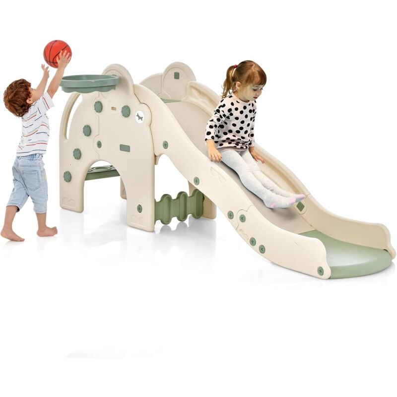 COSTWAY 4 en 1 Toboggan Enfant en Forme Éléphant avec Panier de Basketball, Toboggan Extérieur Intérieur en HDPE avec Ballon, Aire de Jeux pour
