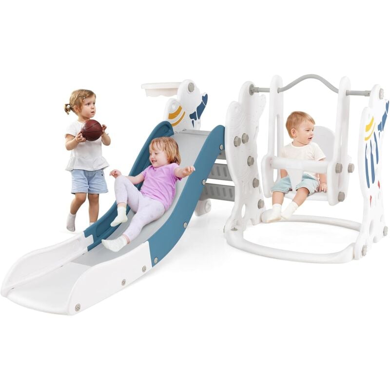 4 en 1 Toboggan Enfant Pliable avec Balançoire & Panier de Basketball, Aire de Jeux d'Intérieur avec Échelle d'Escalade & Ballon & Pompe, Charge 30kg