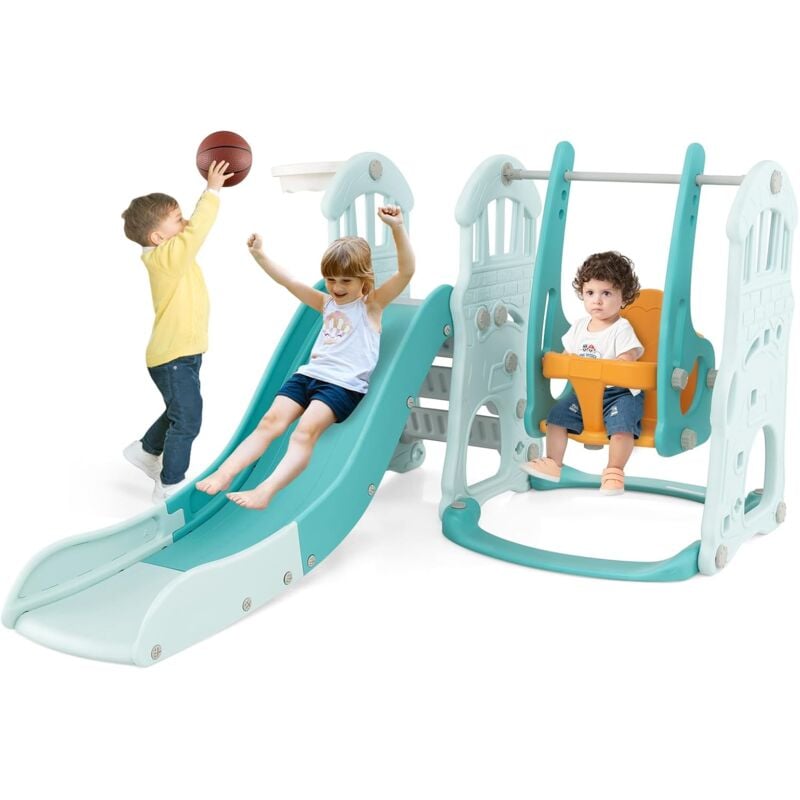 4 en 1 Toboggan Enfant Pliable avec Balançoire Réglable & Panier de Basketball, Aire de Jeux Polyvalent Intérieur avec Échelle d'Escalade & Ballon,