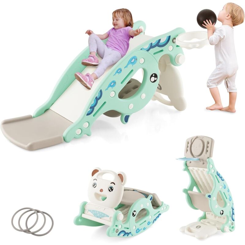 4 en 1 Toboggan Enfants avec 3 Modes & Motif d'ours, Cheval à Bascule Intérieur Extérieur avec Panier de Basketball & Ballon, Charge 50kg pour
