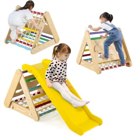 COSTWAY 4 en 1 Triangle d'escalade Enfant avec Toboggan, Echelle d'escalade en Bois avec Filet, Inclinaison Réglable, Intérieur Extérieur, Charge 60kg pour Enfants de 1 an+, Multicolore