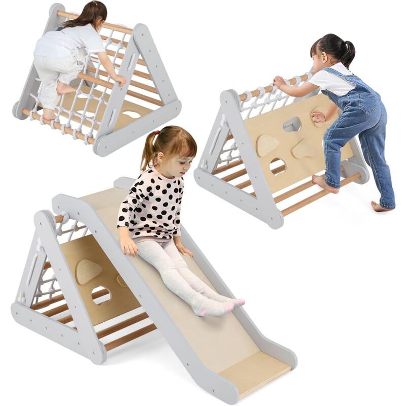 COSTWAY 4 en 1 Triangle d'escalade Montessori Enfant avec Toboggan, Echelle d'escalade en Bois avec Filet, Inclinaison Réglable, Intérieur, Charge