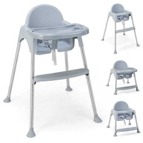 COSTWAY 4 in 1 Babyhochstuhl aus PP & Edelstahl, Hochstuhl umwandelbar mit abnehmbarem Doppeltablett, 3-Punkt-Sicherheitsgurt, Babystuhl Kombihochstuhl für 6-36 Monaten Baby (Grau)