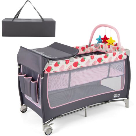 COSTWAY 4 in 1 Infant Nursery Center Folding Baby Playard w/ Toy Bar-Pink